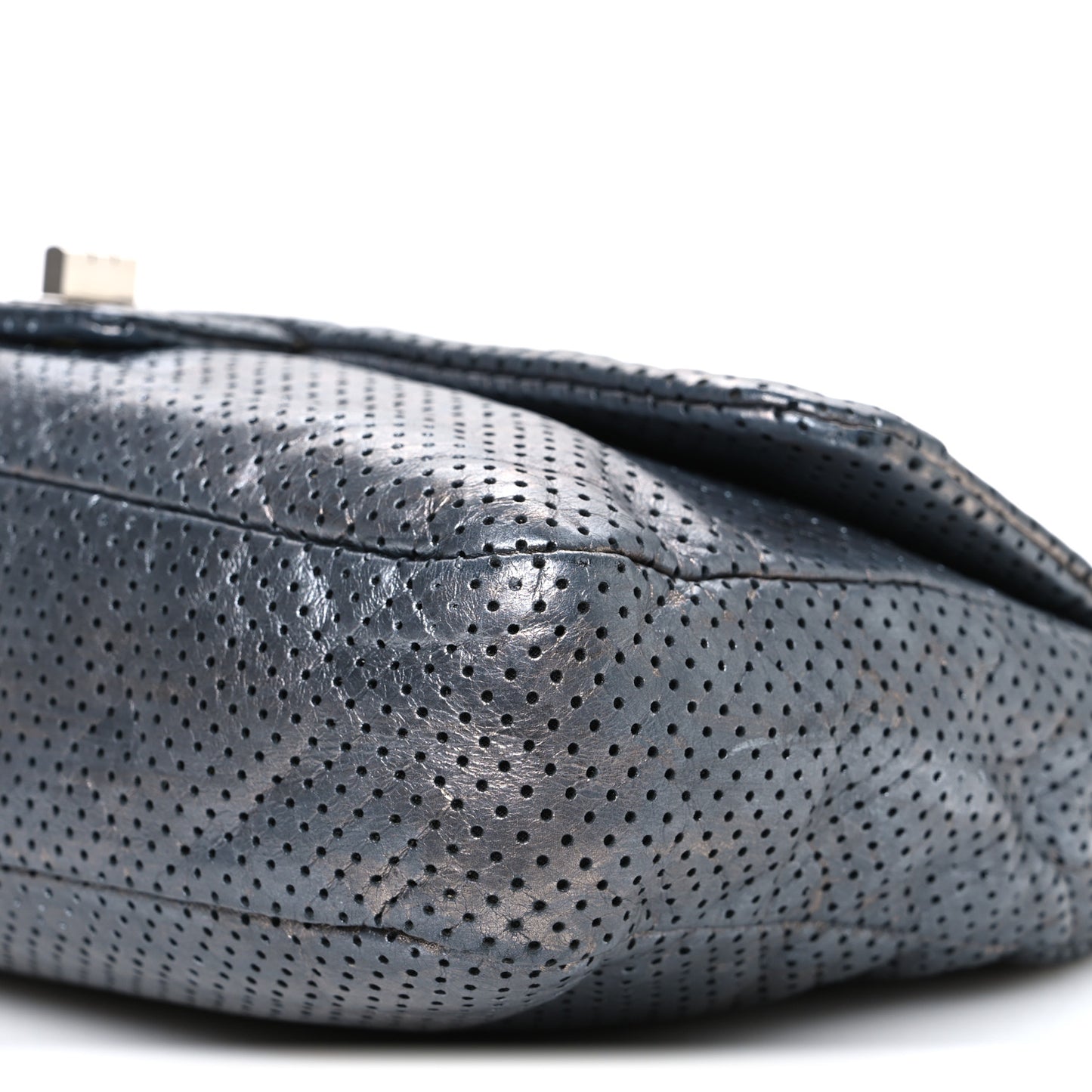Metallic Crackled Calfskin Perforated Drill Flap Silver