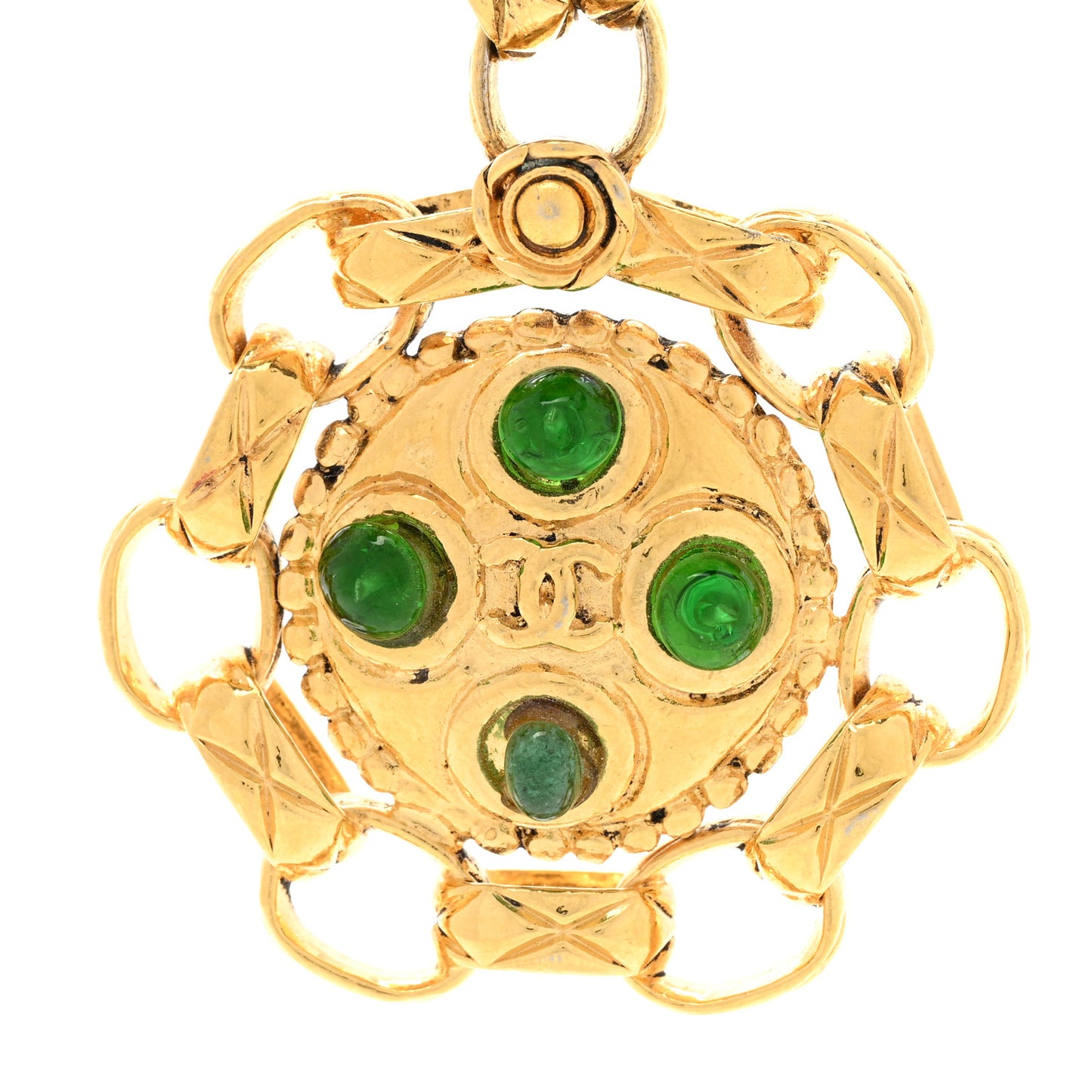 Crystal Gripoix Poured Glass Pendant Necklace Gold Green