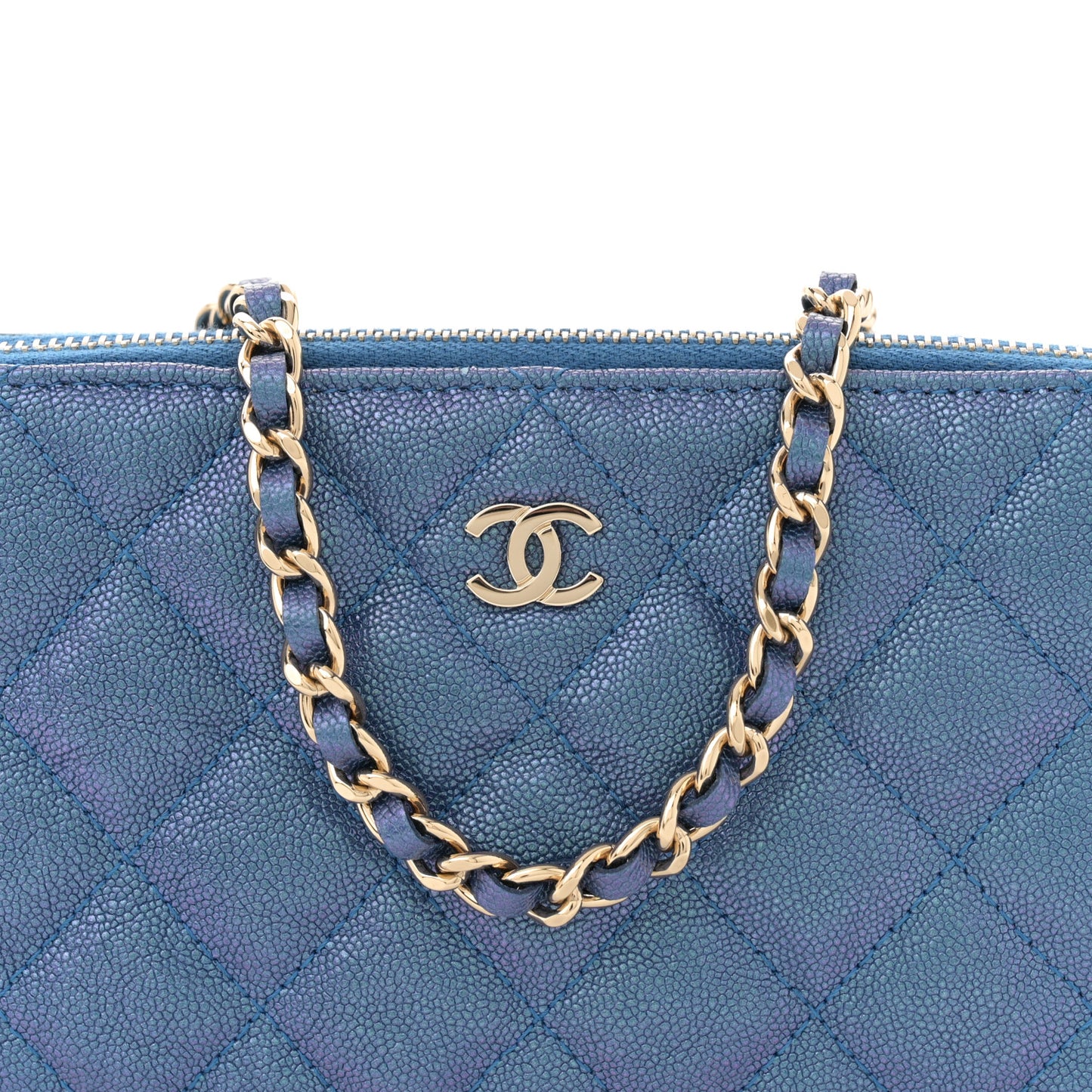 Iridescent Caviar Quilted Clutch With Chain Dark Blue