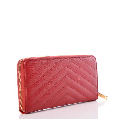 Saint Laurent Grain De Poudre Matelasse Chevron Monogram Zip Around Wallet Red 3 of 8