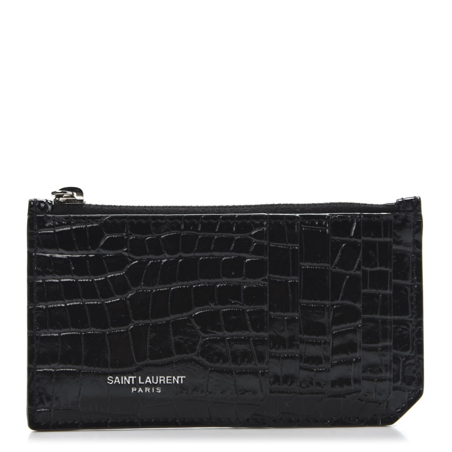 Calfskin Crocodile Embossed 5 Fragments Zip Pouch Card Holder Black