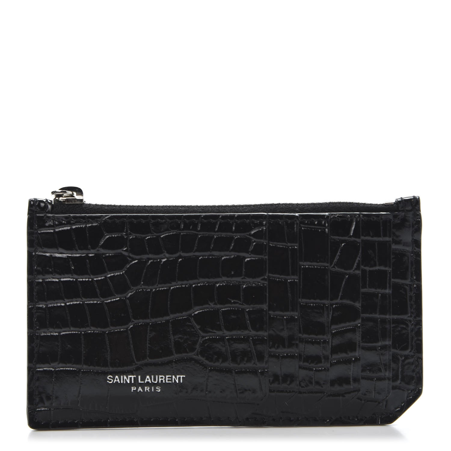 Saint Laurent Calfskin Crocodile Embossed 5 Fragments Zip Pouch Card Holder Black 1 of 8