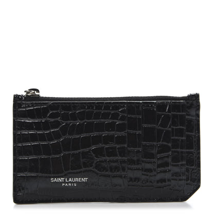 Saint Laurent Calfskin Crocodile Embossed 5 Fragments Zip Pouch Card Holder Black 1 of 8