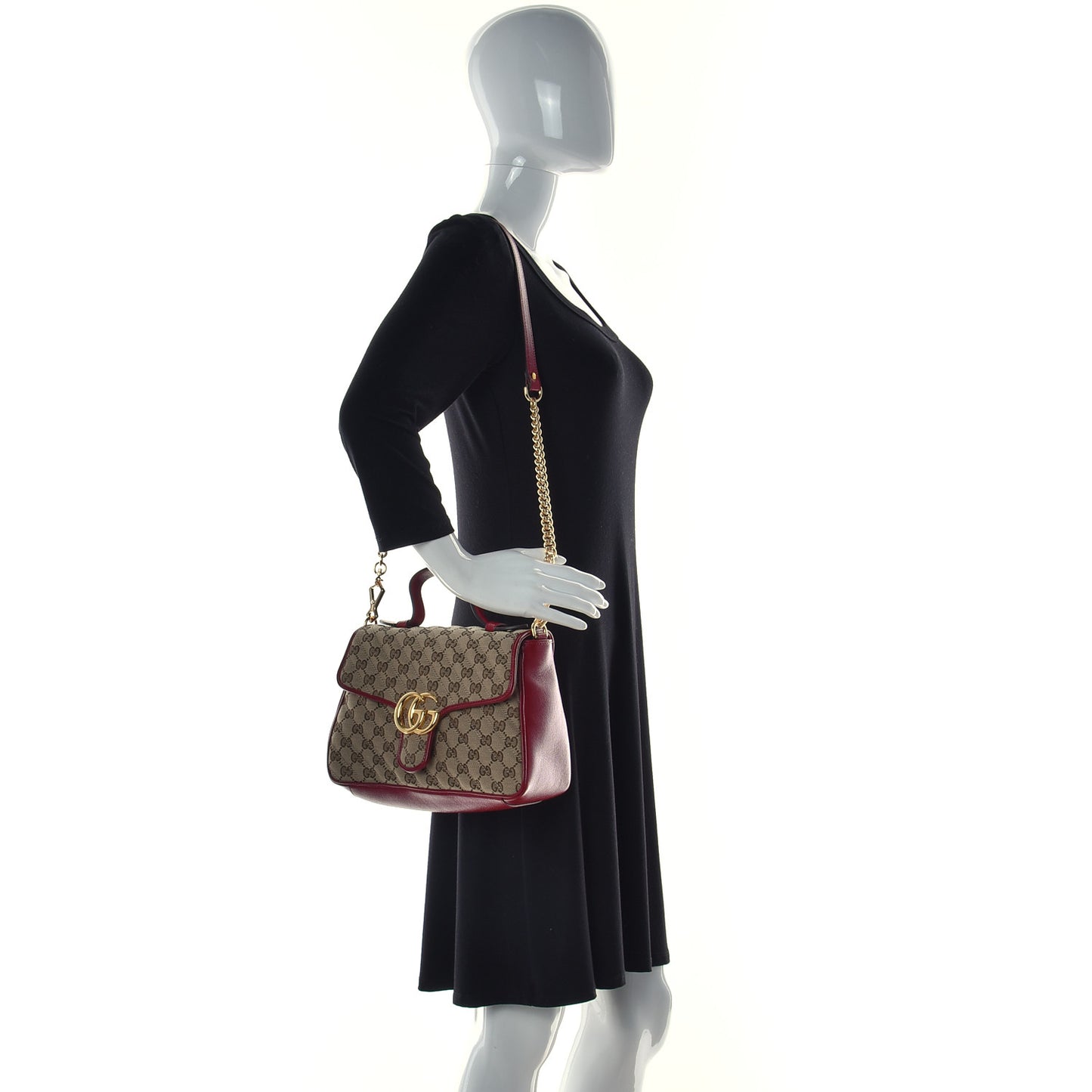 Monogram Azalea Calfskin Matelasse Diagonal Small GG Marmont Top Handle Shoulder Bag Beige Ebony New Cherry Red
