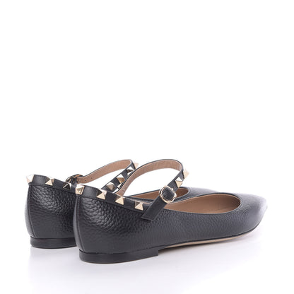 Valentino Garavani Pebbled Calfskin Rockstud Ankle Strap Ballerina Flats 36 Black 4 of 12
