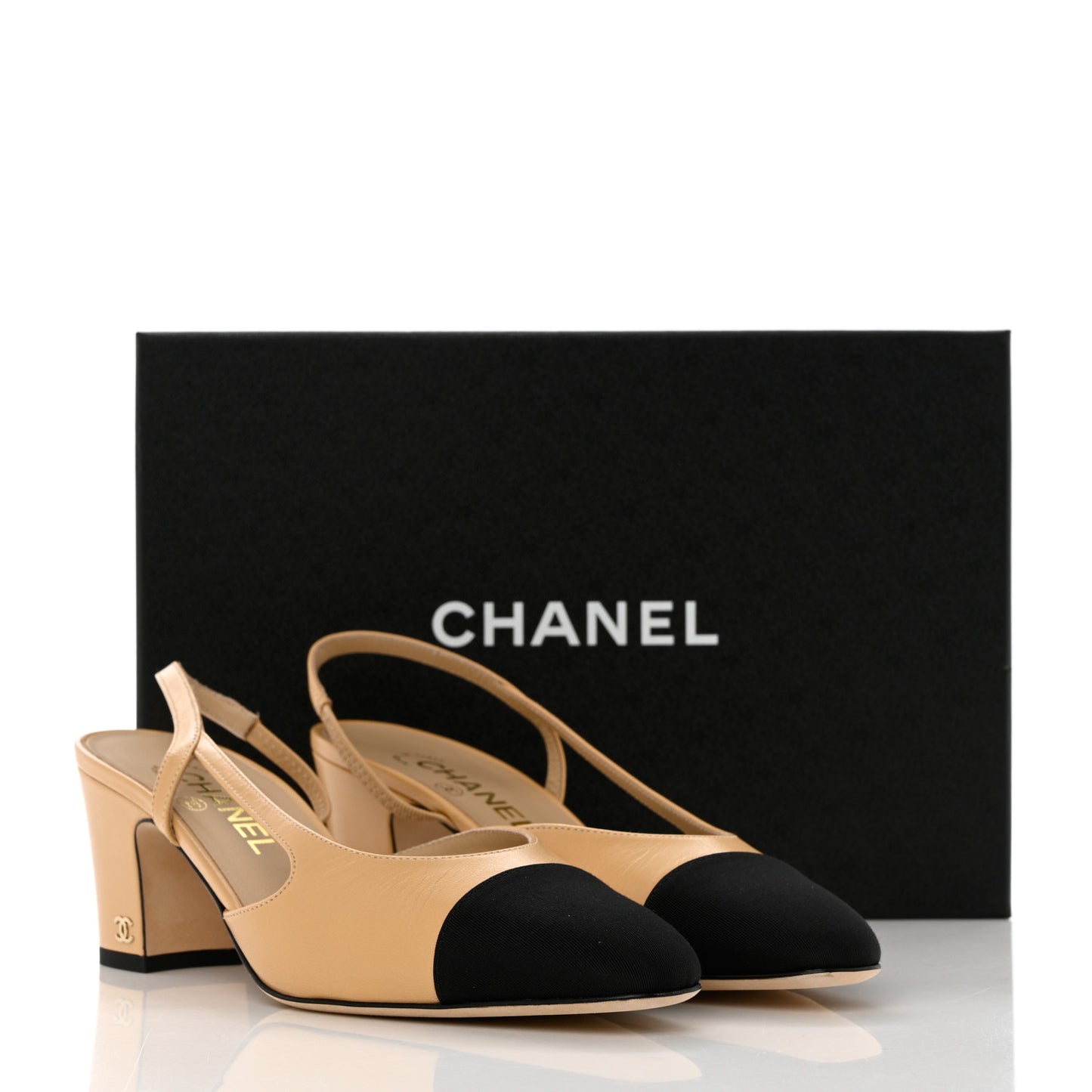 Goatskin Grosgrain Cap Toe CC Slingback Pumps 39.5 Beige Black