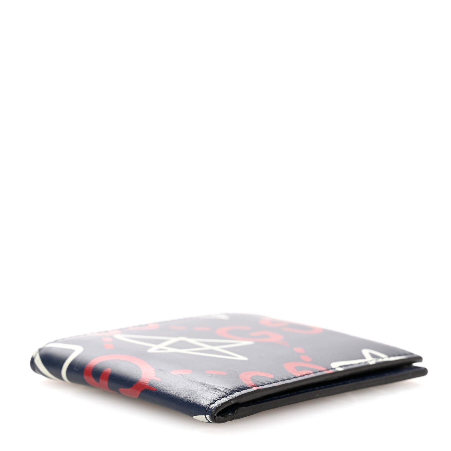 Calfskin GucciGhost Print Bi-Fold Wallet Blue Agata Hibiscus Red