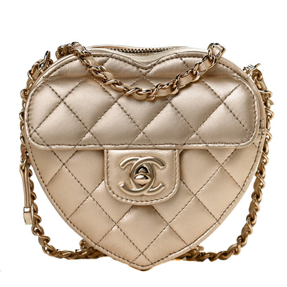 Chanel Metallic Lambskin Quilted CC In Love Heart Clutch With Chain Gold 1 of 9