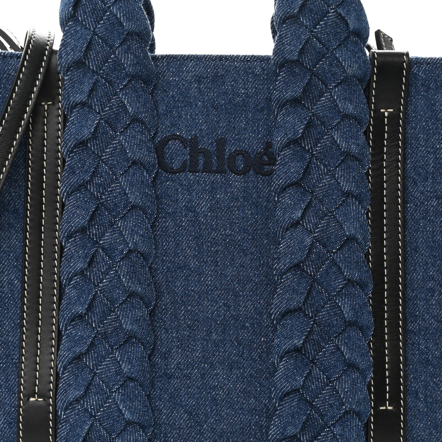 Denim Calfskin Small Braided Woody Ribbon Tote Blue