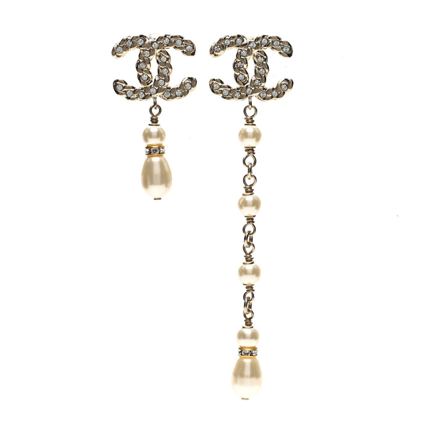 Pearl Crystal CC Uneven Drop Earrings Gold