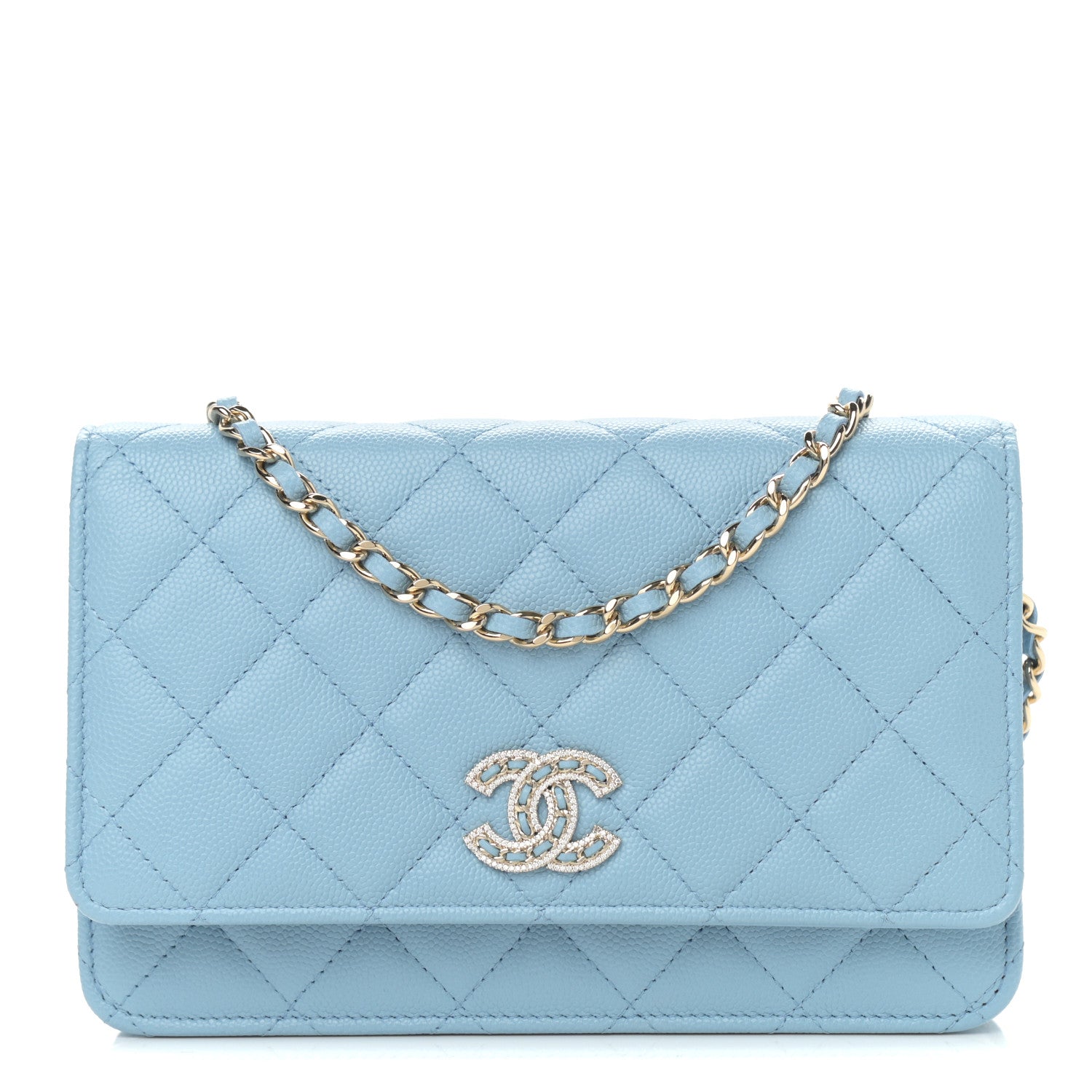 Chanel Caviar Quilted Crystal CC Wallet On Chain WOC Light Blue 1 of 13