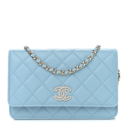 Chanel Caviar Quilted Crystal CC Wallet On Chain WOC Light Blue 1 of 13