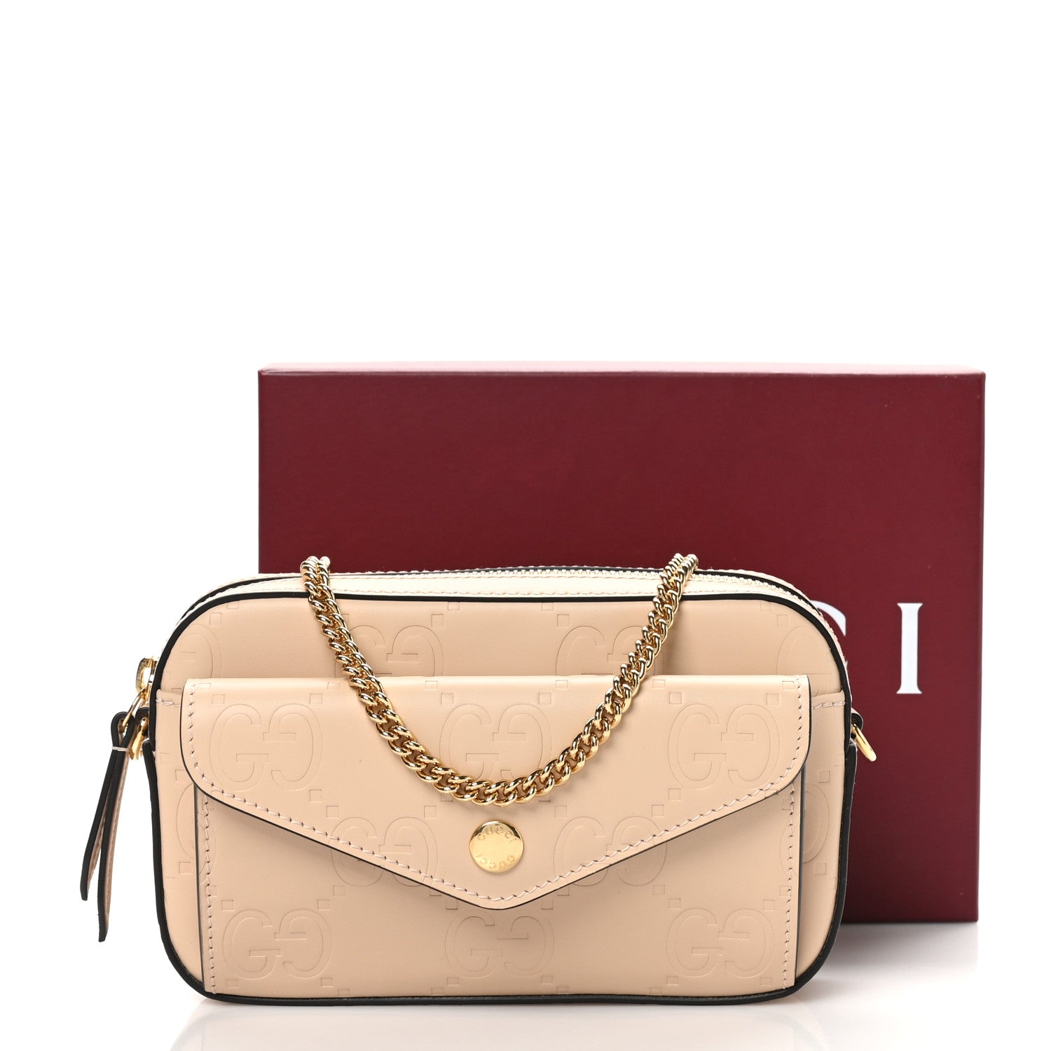 Gucci Calfskin GG Super Mini Debossed Chain Wallet Light Beige 10 of 10