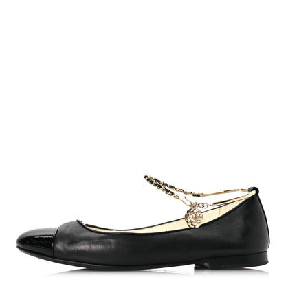 Chanel Lambskin Patent Calfskin Cap Toe Ankle Chain Ballerina Flats 37.5 Black 1 of 17