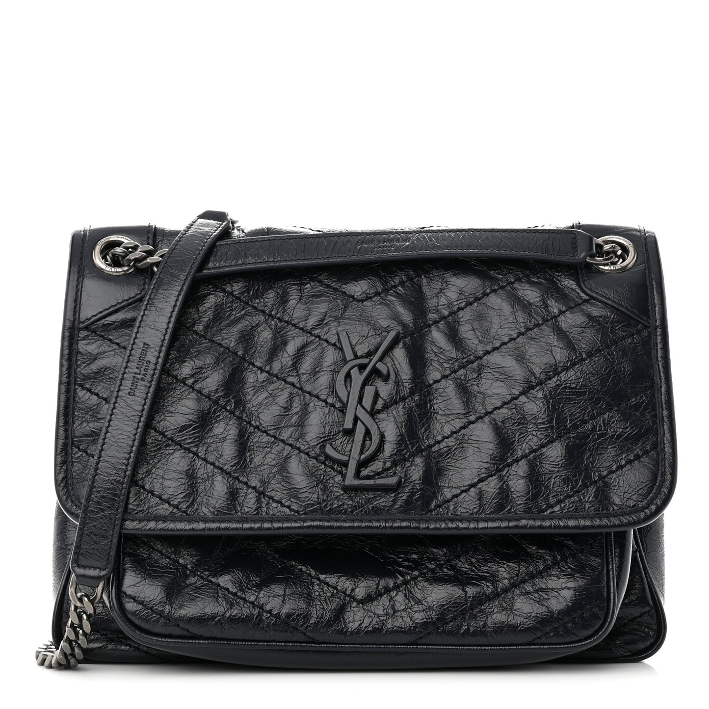Crinkled Calfskin Matelasse Monogram Medium Niki Chain Satchel Deep Marine