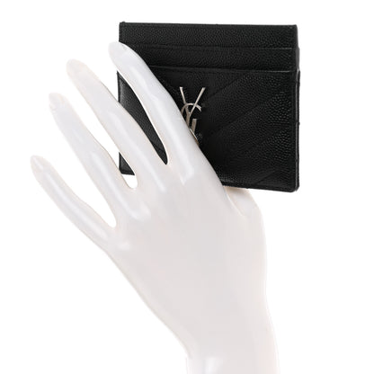Saint Laurent Grain De Poudre Matelasse Chevron Monogram Credit Card Case Black 2 of 8