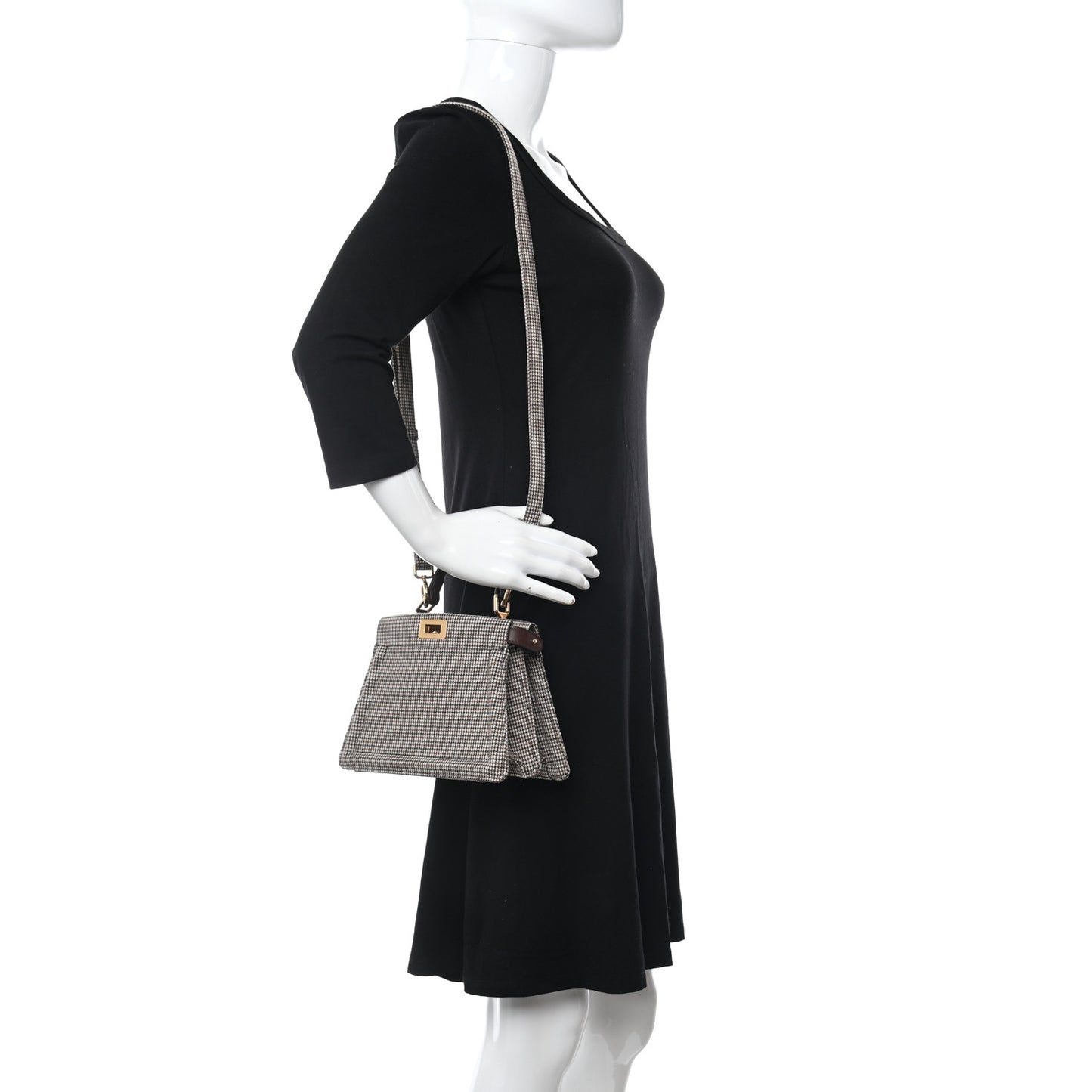 Wool Fabric Jacquard Cuoio Small Houndstooth FF 1974 Petite Peekaboo I SEE U Satchel Beige Tobacco Moro