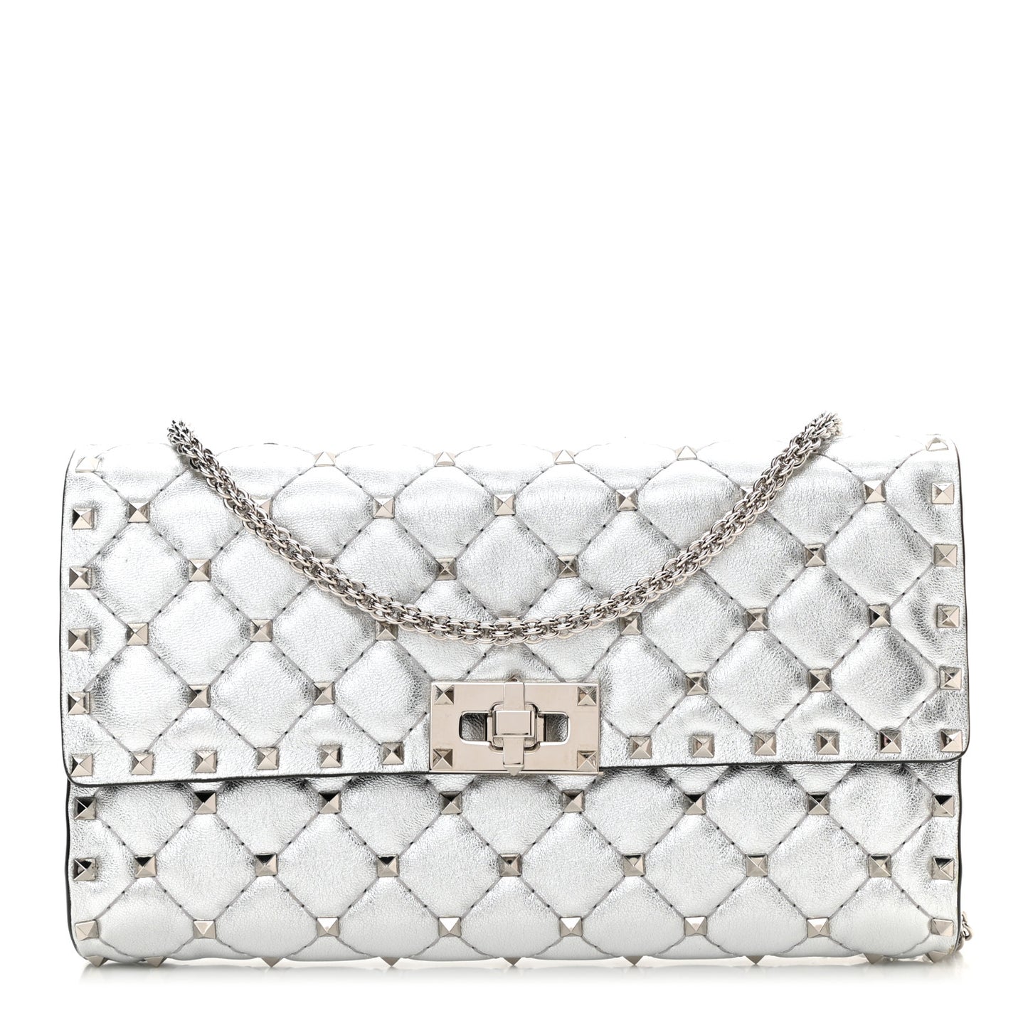 Metallic Lambskin Rockstud Spike Wallet on Chain Silver