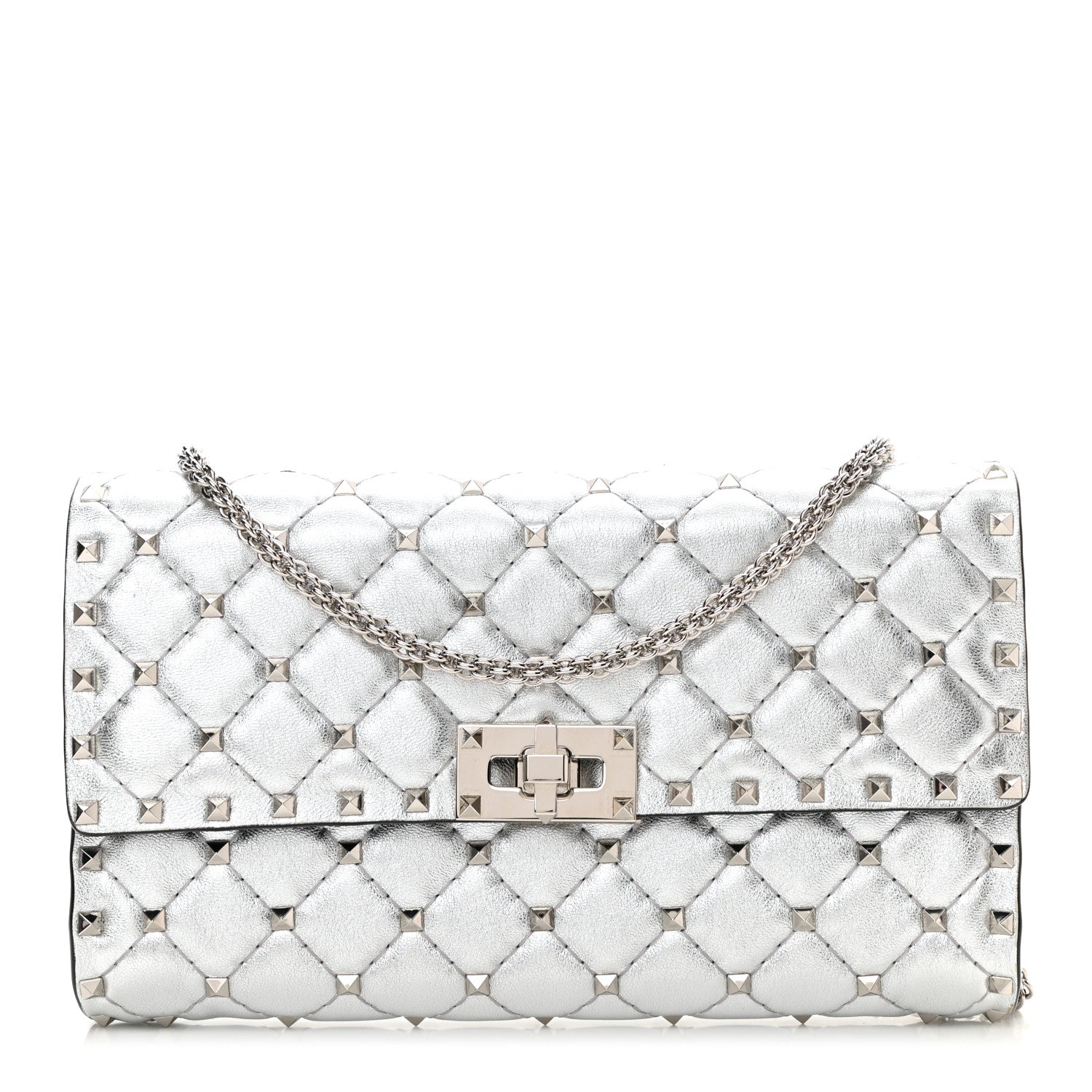 Valentino Garavani Metallic Lambskin Rockstud Spike Wallet on Chain Silver 1 of 10