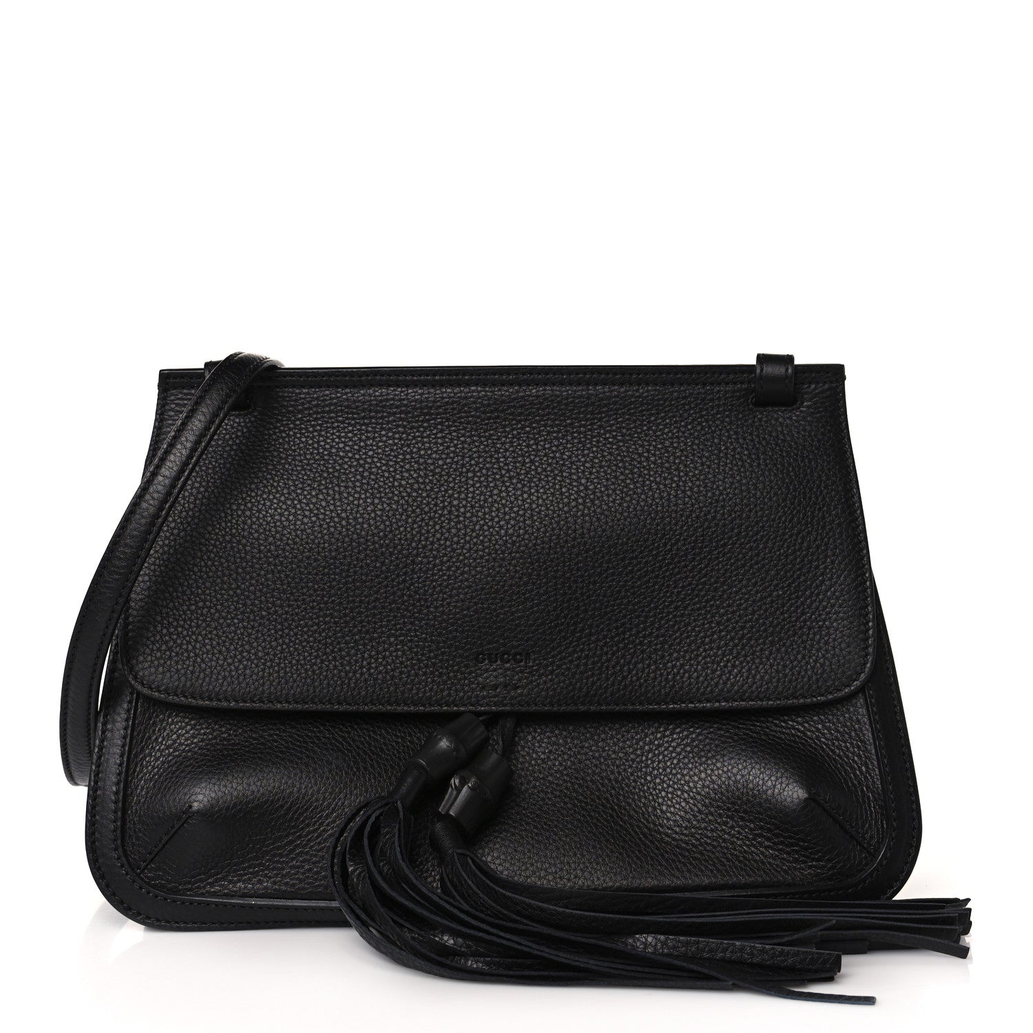 Gucci Pebbled Calfskin Medium Bamboo Daily Flap Shoulder Bag Black 1 of 8