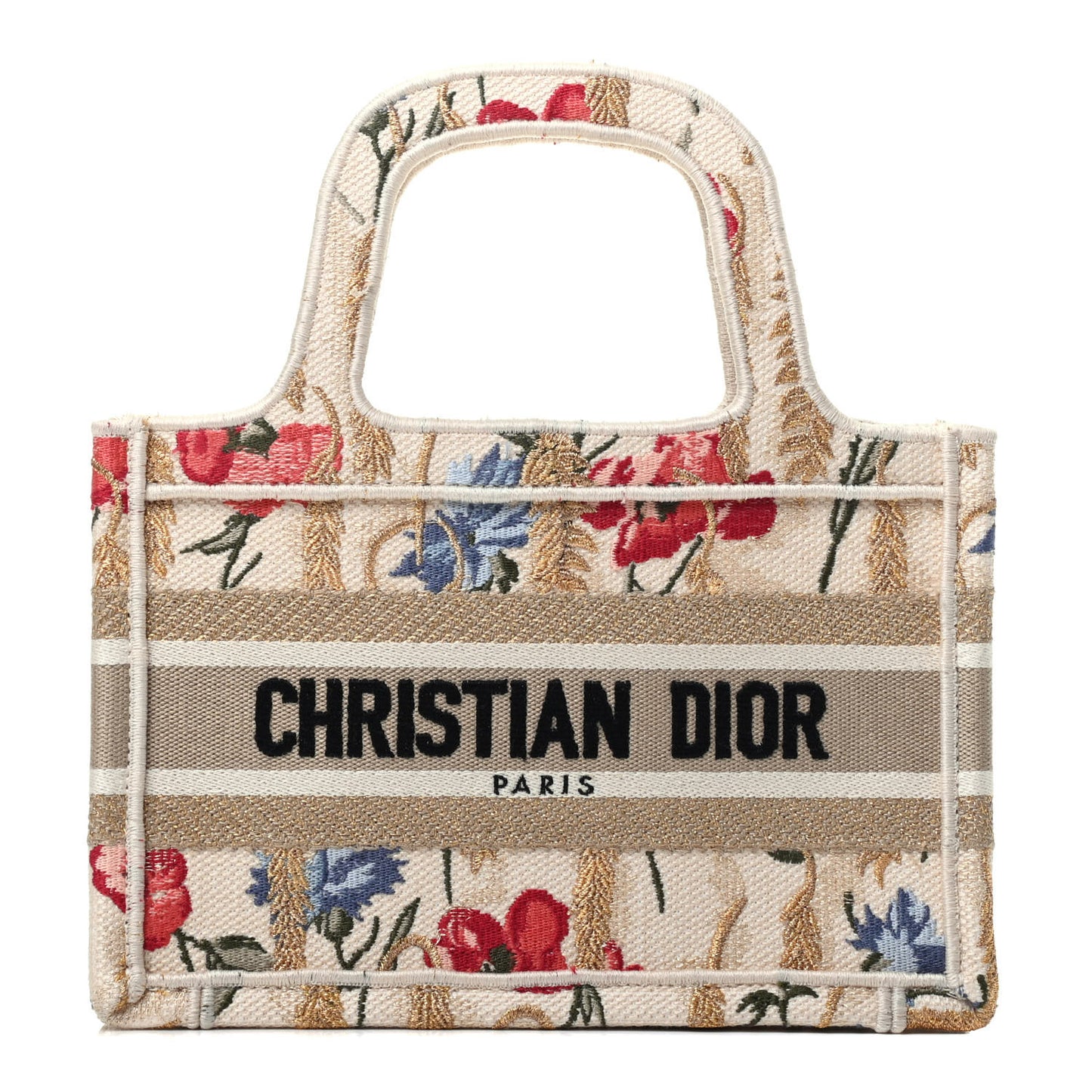 Canvas Embroidered Hibiscus Printed Mini Book Tote Beige Multicolor