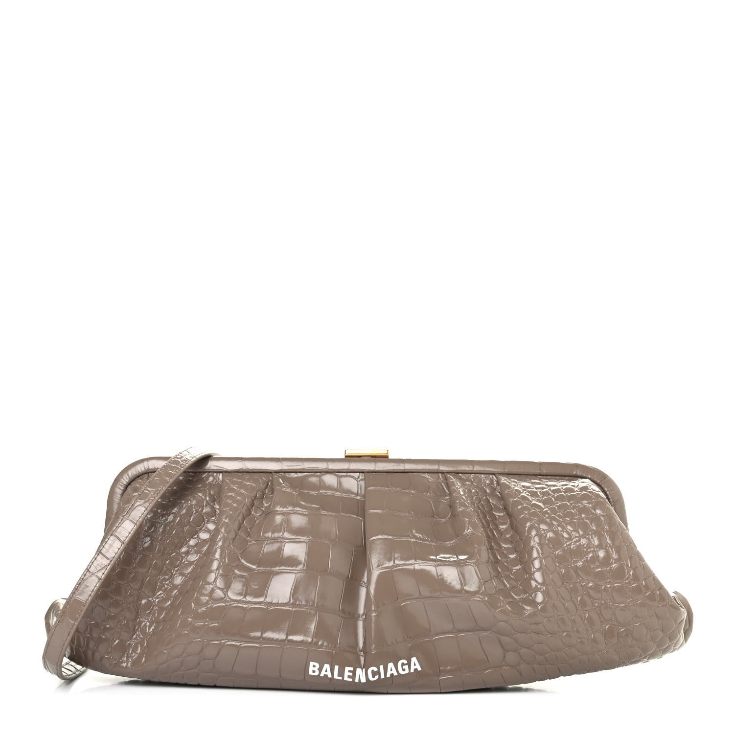 Balenciaga Shiny Supple Calfskin Logo Crocodile Embossed XL Cloud Clutch Mink Grey White 1 of 4