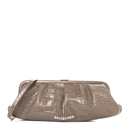 Balenciaga Shiny Supple Calfskin Logo Crocodile Embossed XL Cloud Clutch Mink Grey White 1 of 4