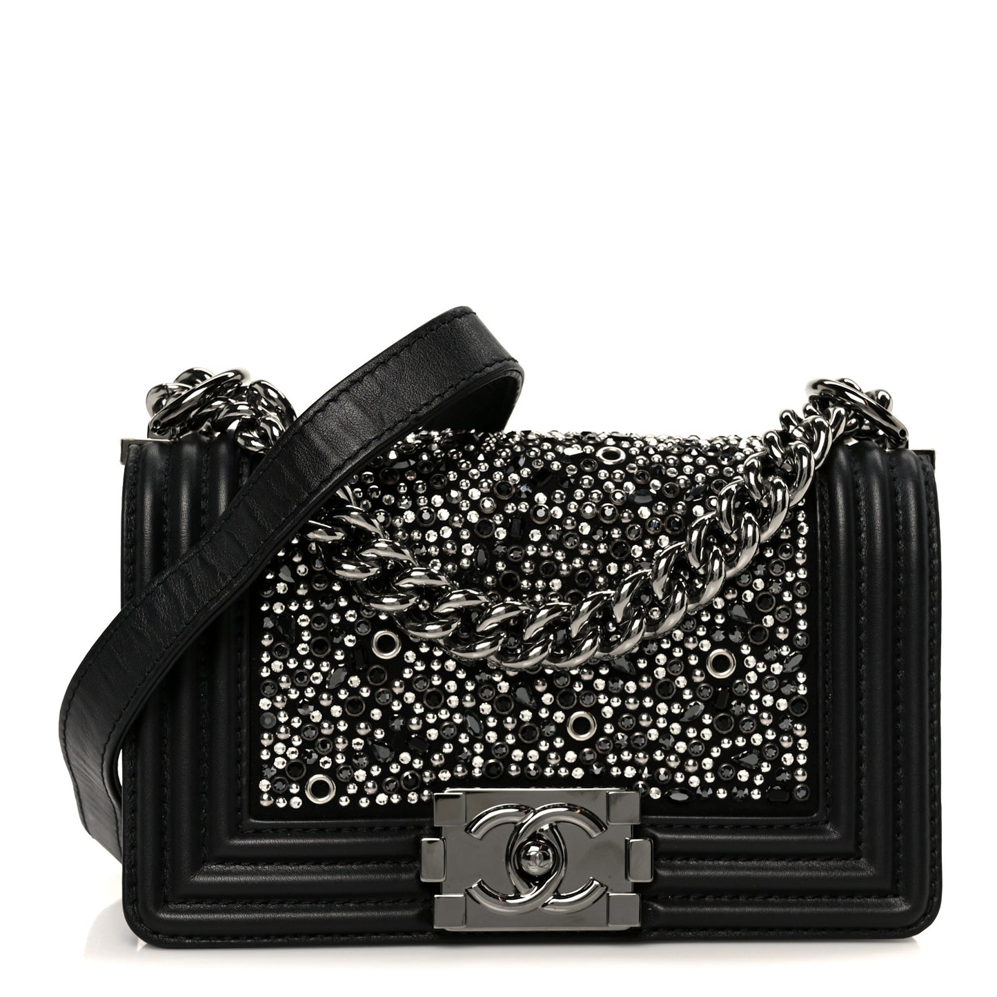 Calfskin Strass Crystal Small Boy Flap Black