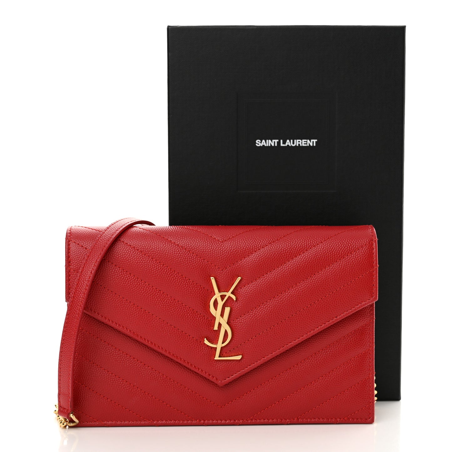 Grain De Poudre Matelasse Chevron Monogram Envelope Chain Wallet  New Red