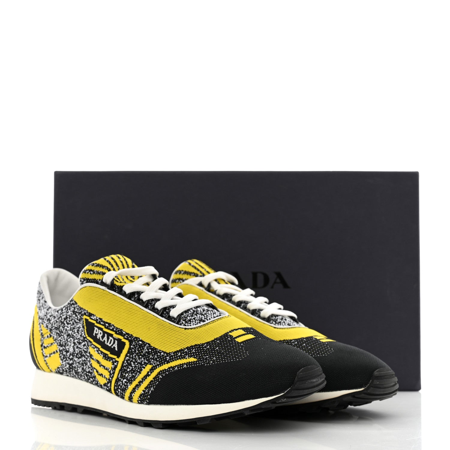 Prada Sport Knit Fabric Mens Logo Running Sneakers 9 Black Giallo 11 of 11