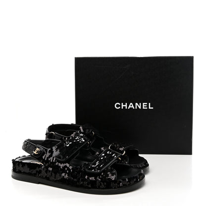 Chanel Sequin Knit Velcro Dad Sandals 37.5 Black 13 of 13