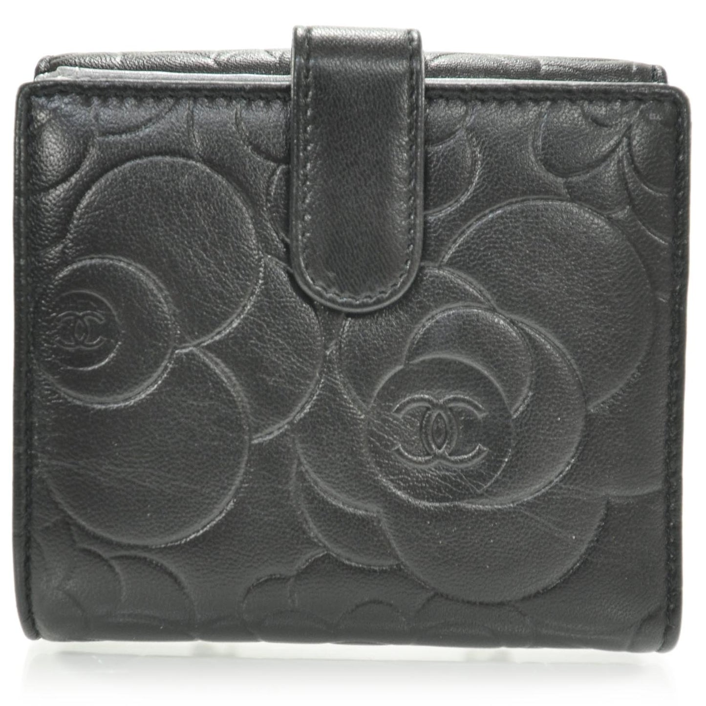 Leather Camellia Embossed Bi-Fold Wallet Black