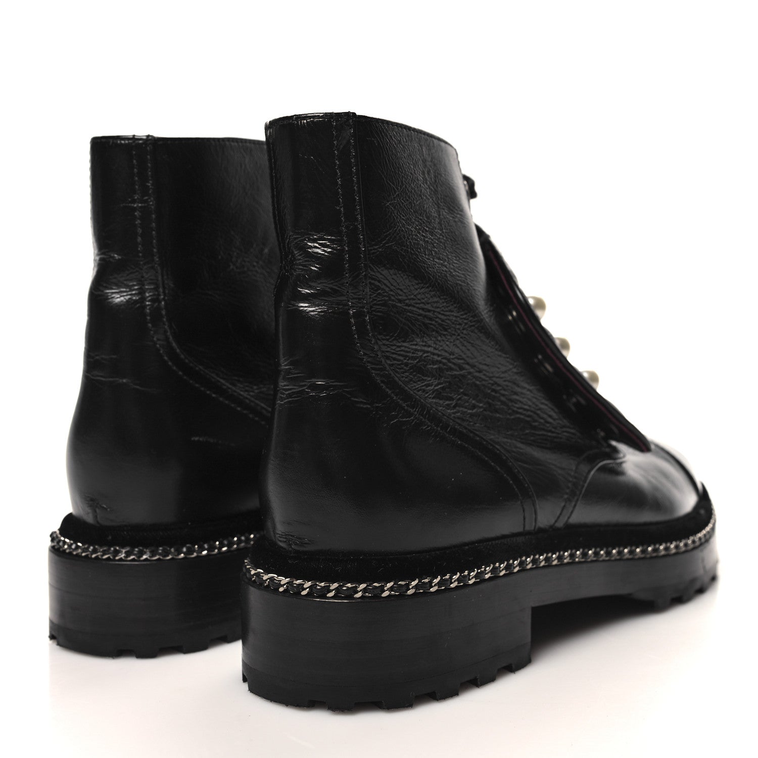 Chanel Crackled Calfskin Velvet Pearl Combat Short Boots 40 Black 4 of 10