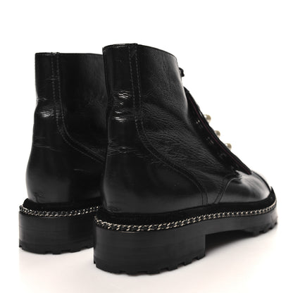 Chanel Crackled Calfskin Velvet Pearl Combat Short Boots 40 Black 4 of 10