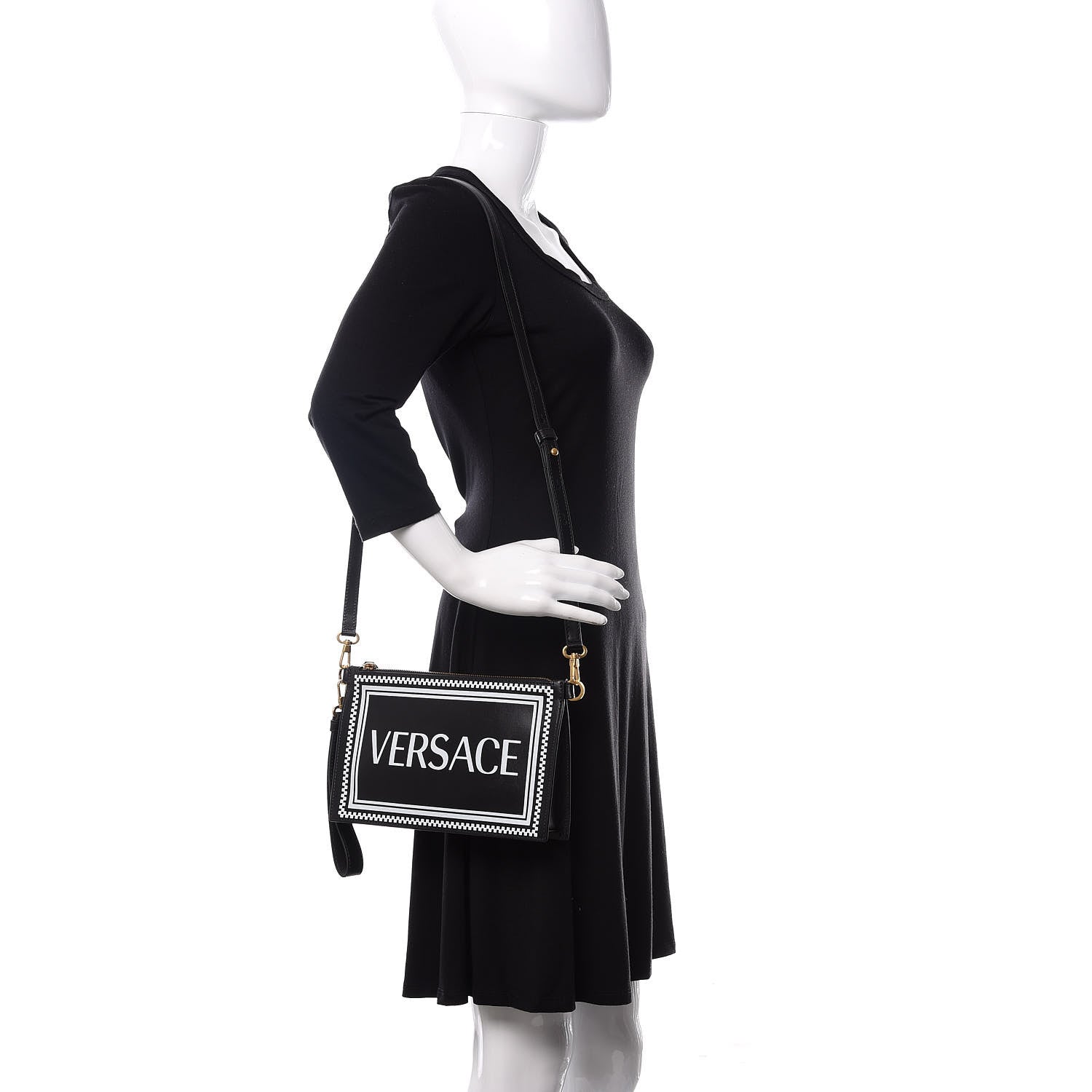 Versace Calfskin 90's Vintage Logo Crossbody Clutch Black White 2 of 10