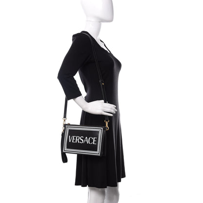 Versace Calfskin 90's Vintage Logo Crossbody Clutch Black White 2 of 10