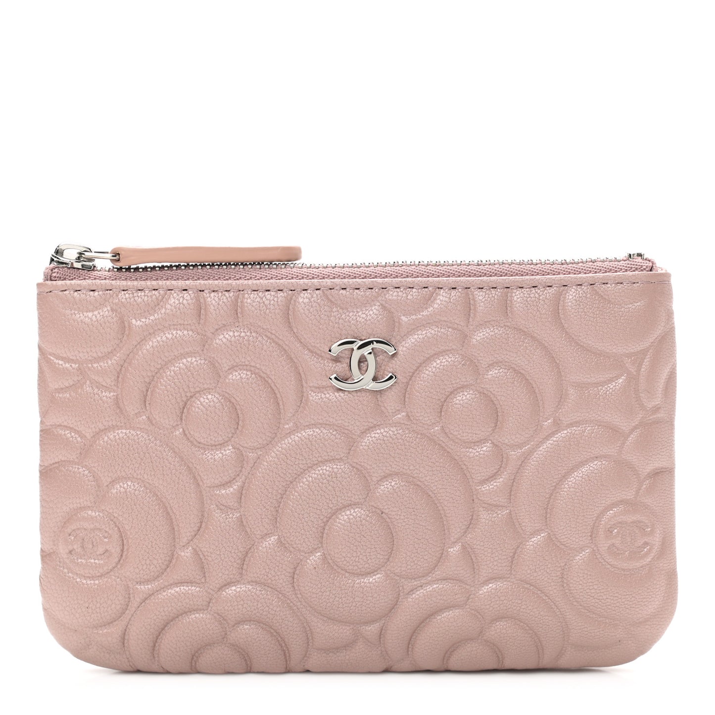 Goatskin Camellia Embossed Cosmetic Pouch Light Pink