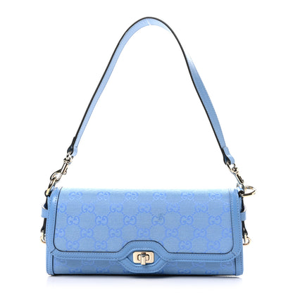 Gucci GG Monogram Textured Dollar Calfskin Small Luce Shoulder Bag Blue 1 of 10