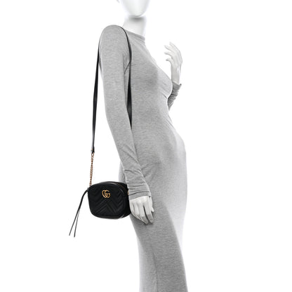 Gucci Calfskin Matelasse Mini GG Marmont Chain Shoulder Bag Black 3 of 12