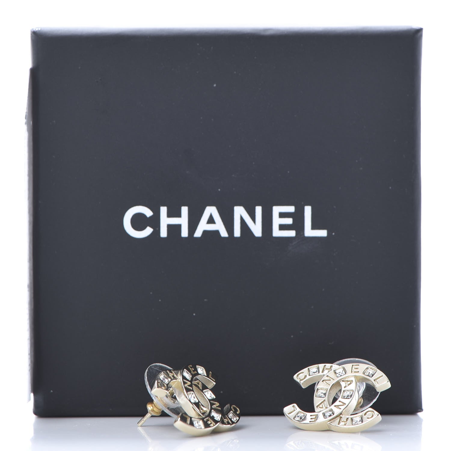Chanel Crystal Metal CC Paris Button Stud Earrings Gold 5 of 5
