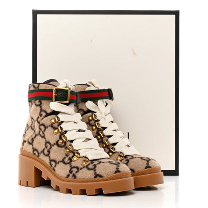 Gucci Covered Wool GG Monogram Womens Lace Up Combat Ankle Boots 36 Beige Ebony Cocoa 9 of 9