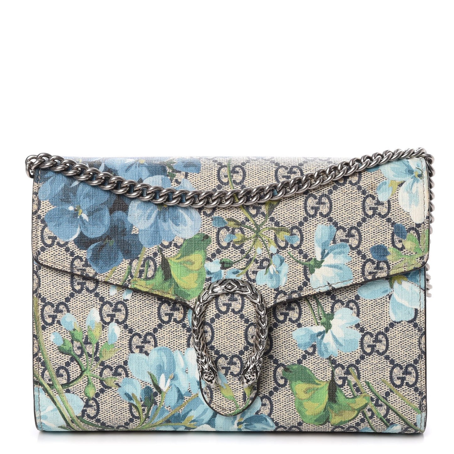 GG Supreme Monogram Blooms Mini Dionysus Chain Wallet Beige Blue Navy Vintage Blue
