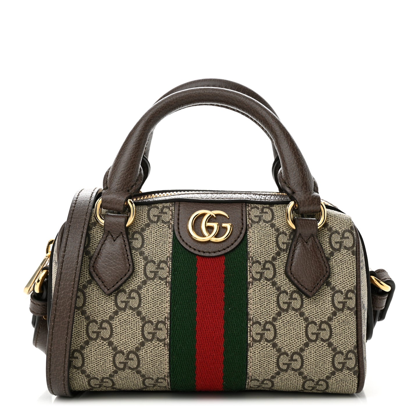 GG Supreme Monogram Textured Dollar Calfskin Web Super Mini Ophidia Top Handle Bowler Bag Beige Ebony New Acero