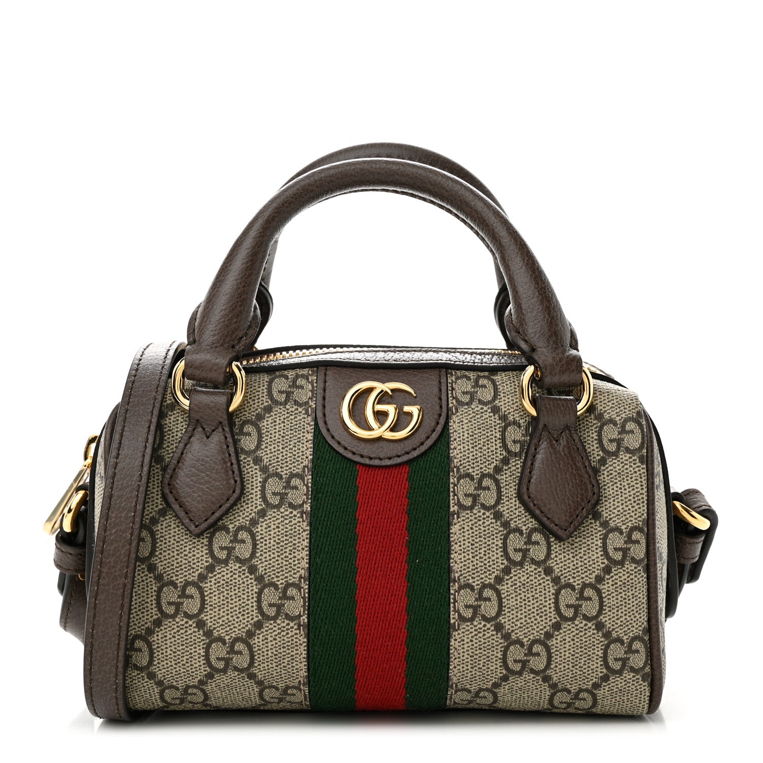 Gucci GG Supreme Monogram Textured Dollar Calfskin Web Super Mini Ophidia Top Handle Bowler Bag Beige Ebony New Acero 1 of 11