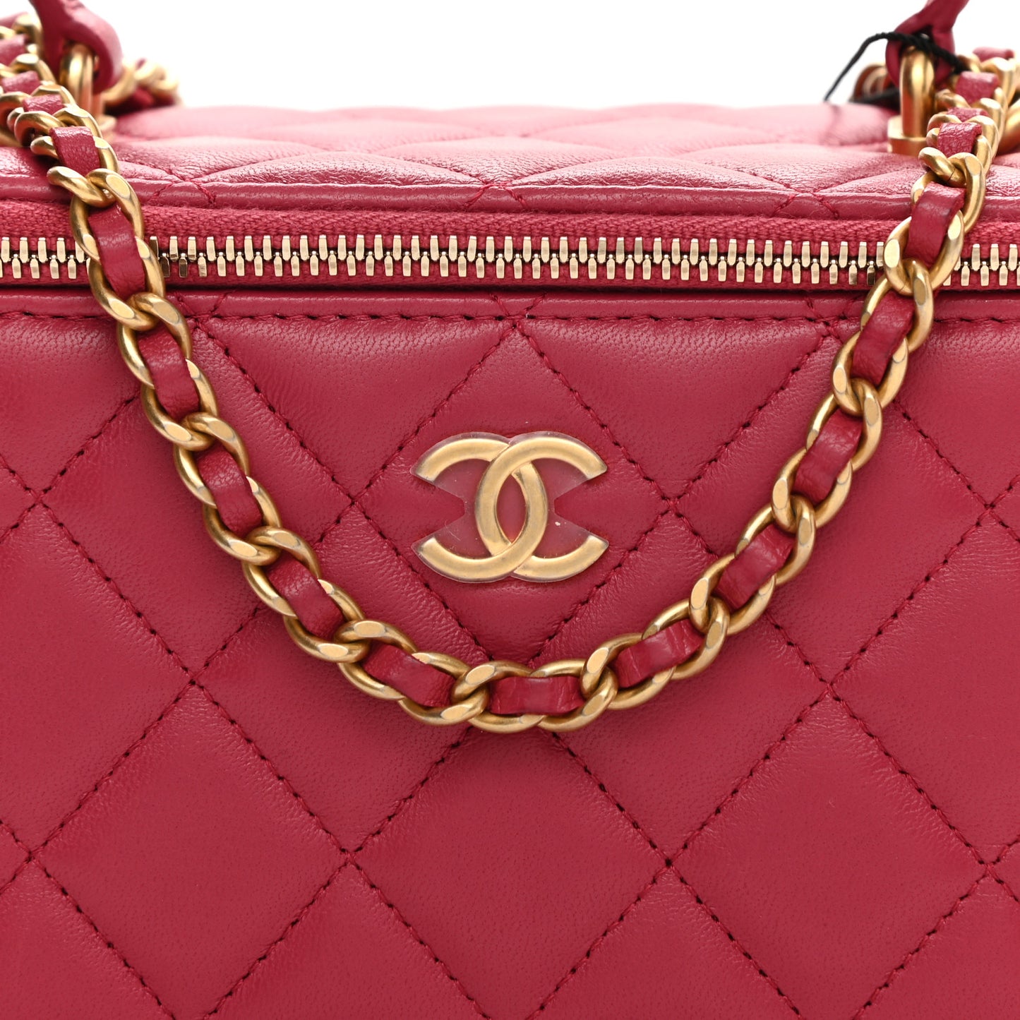Lambskin Quilted Small Top Handle Vanity Case With Chain Dark Pink