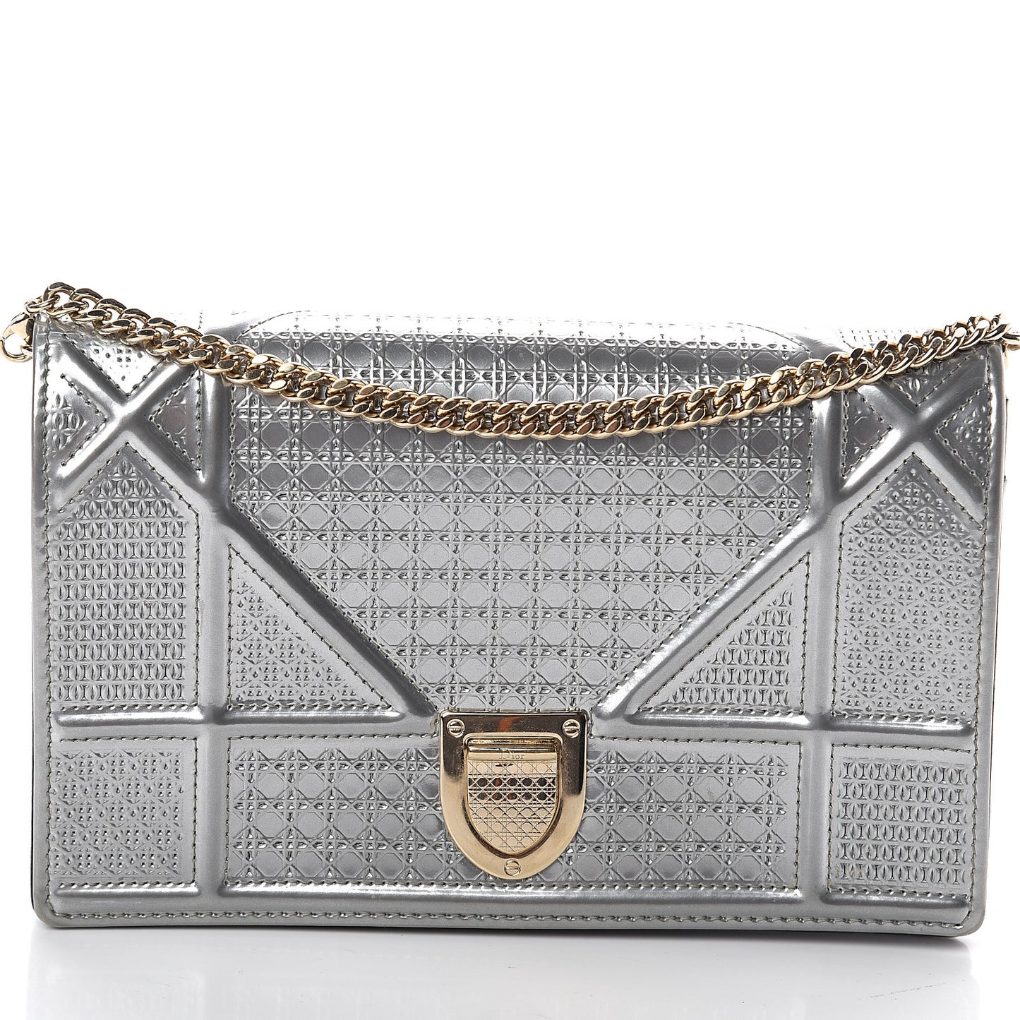 Metallic Patent Micro-Cannage Diorama Wallet on Chain Pouch Silver
