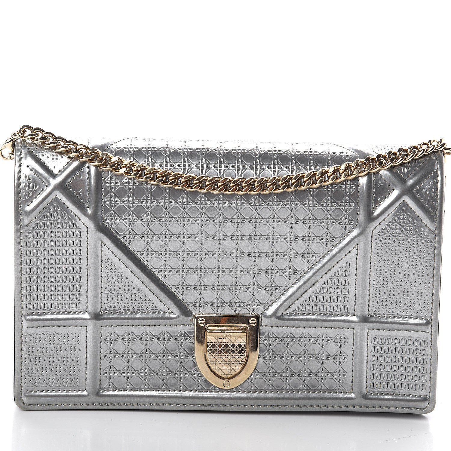 Christian Dior Metallic Patent Micro-Cannage Diorama Wallet on Chain Pouch Silver 6 of 8