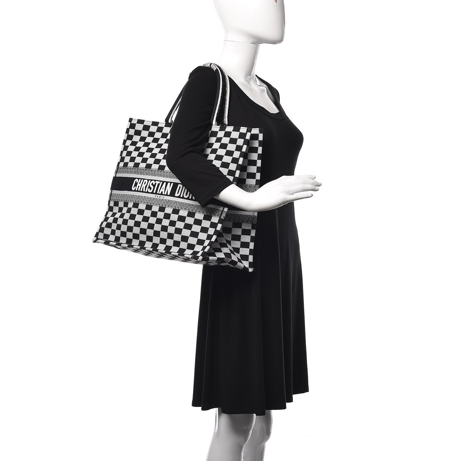 Christian Dior Canvas Embroidered Checkered Book Tote Black White 2 of 13
