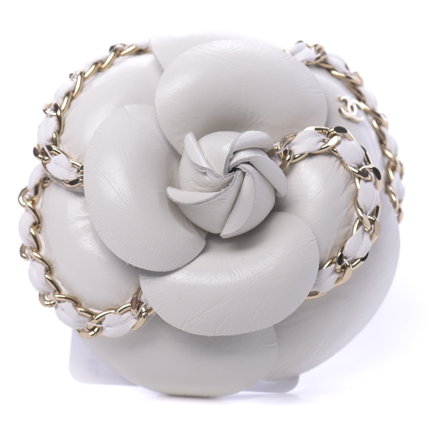 Lambskin Chain CC Camellia Brooch White