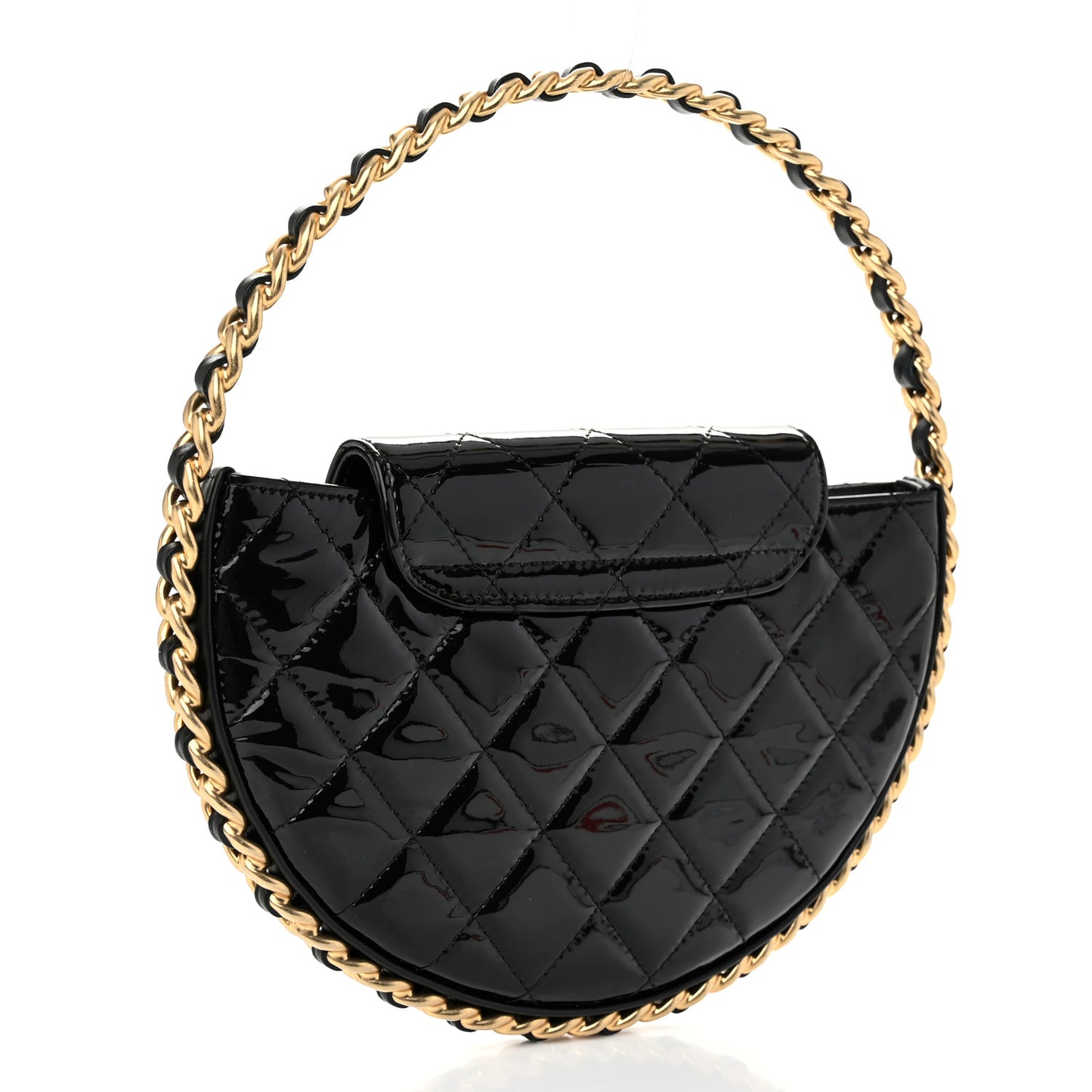 Patent Calfskin Quilted Chain Hoop Bag Black